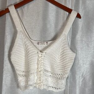 Jolie Joy White Knit Lace Up Tank Top Crop Crochet V‎ Neck Size Large